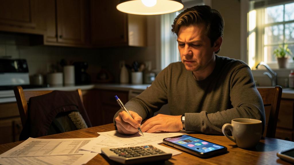 A stressed man sits at a kitchen table surrounded by papers, a pen, a calculator, a smartphone, and a coffee cup.