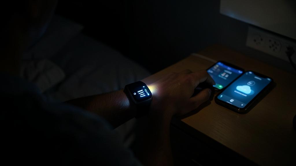 Una mano con un reloj inteligente mostrando datos de salud, junto a dos smartphones en un velador en una habitación oscura.