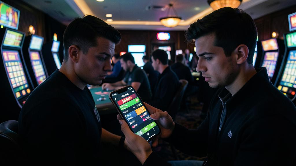 Deux jeunes hommes regardent un smartphone affichant une application de paris sportifs, devant des machines à sous.