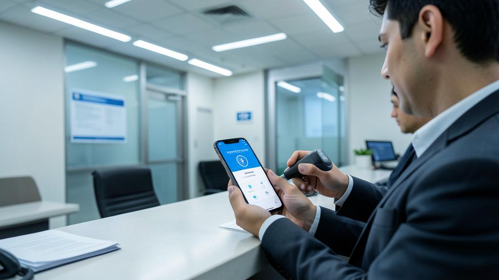Un homme en costume utilise un smartphone avec une application d'ID numérique et un scanner portable dans un bureau.