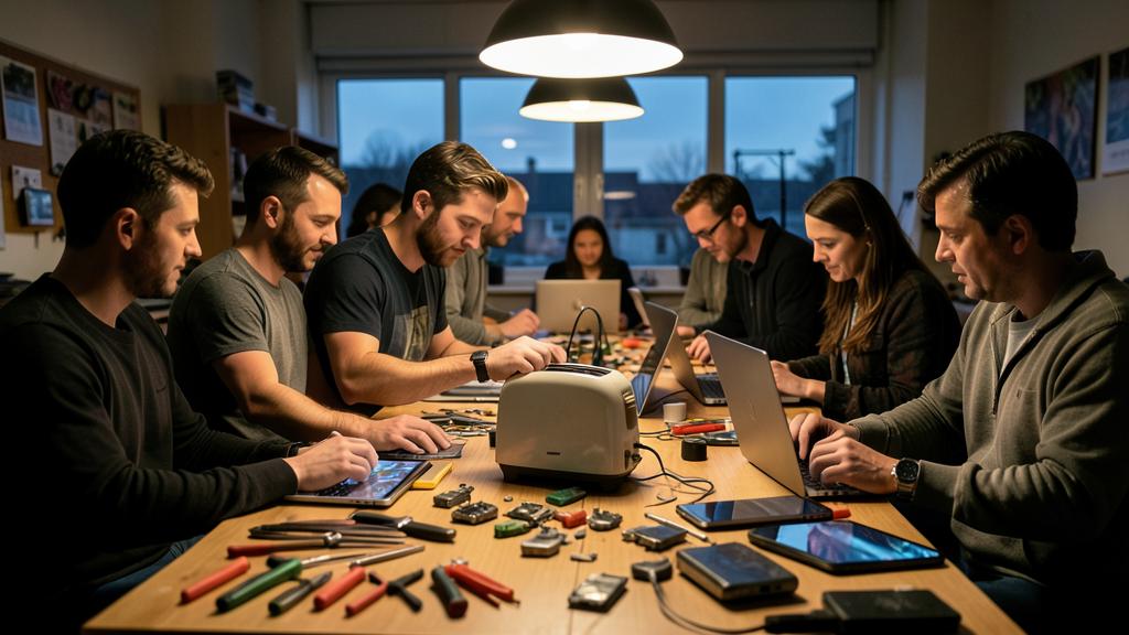 Un grupo de personas trabaja alrededor de una mesa con portátiles y herramientas de reparación.