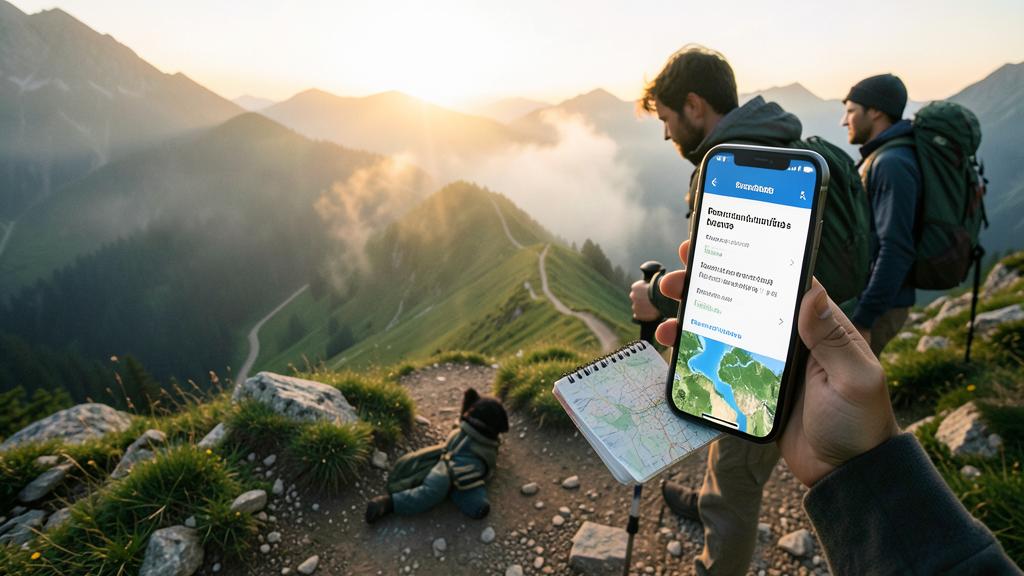A hiker holds a smartphone displaying a map and a notebook, with two other hikers and a mountainous landscape in the background.