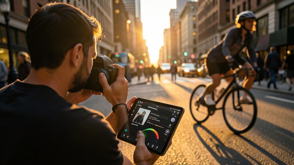 A photographer captures a cyclist in a city street at sunset while using a tablet to review and edit the photo.