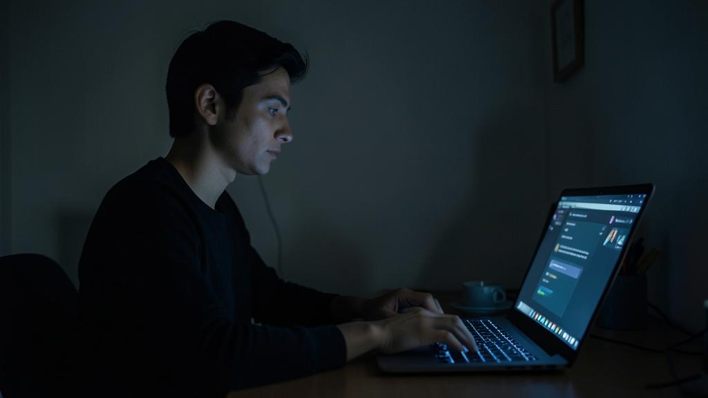 Un joven hombre escribe en un teclado en una habitación oscura, iluminado por la pantalla de su portátil.