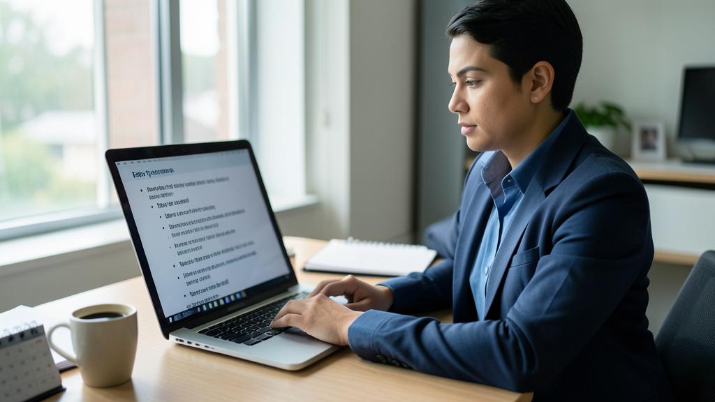 Une personne en tenue professionnelle travaille sur un ordinateur portable avec un document ouvert.