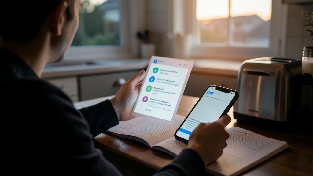 Une personne utilise un smartphone et une tablette pour lire un document avec des questions-réponses générées par l'IA.