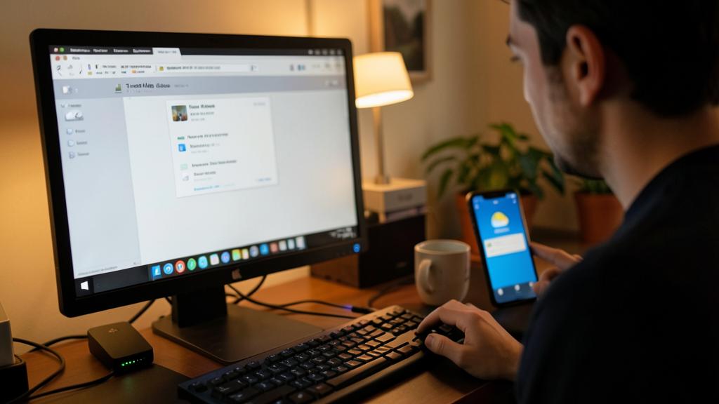Un homme utilise un ordinateur et un smartphone pour gérer des sauvegardes.