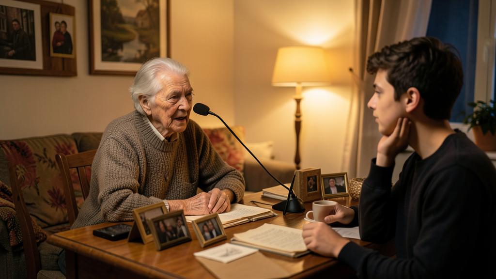 Une personne âgée est interviewée par un jeune homme autour d'une table avec des photos et des documents.
