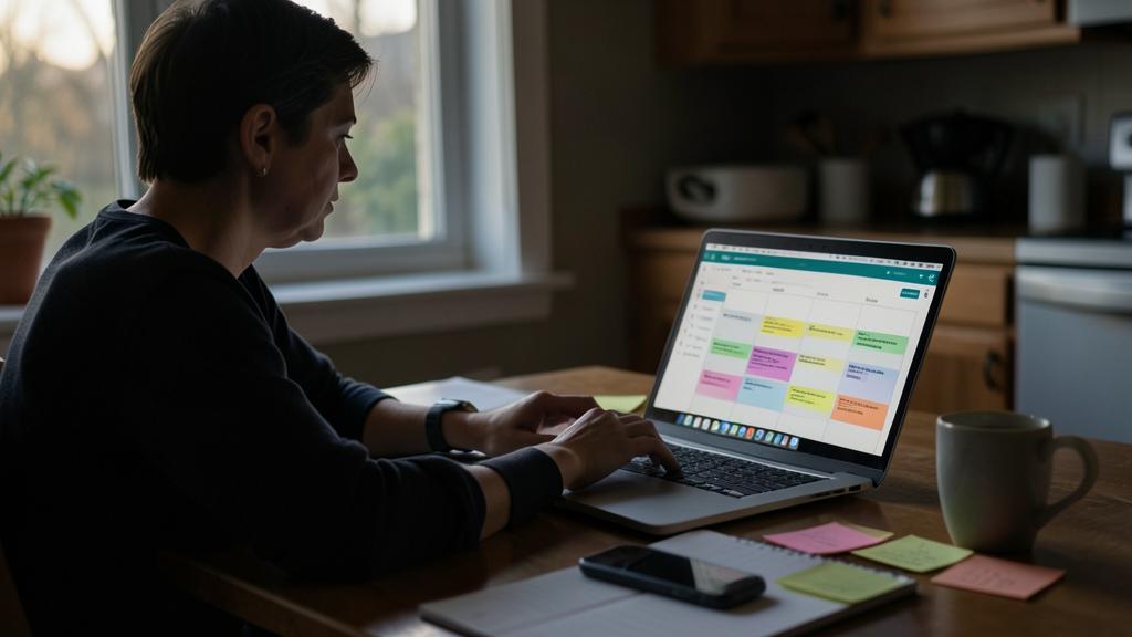 A person is using a laptop displaying a colorful digital calendar, with sticky notes and a phone nearby.