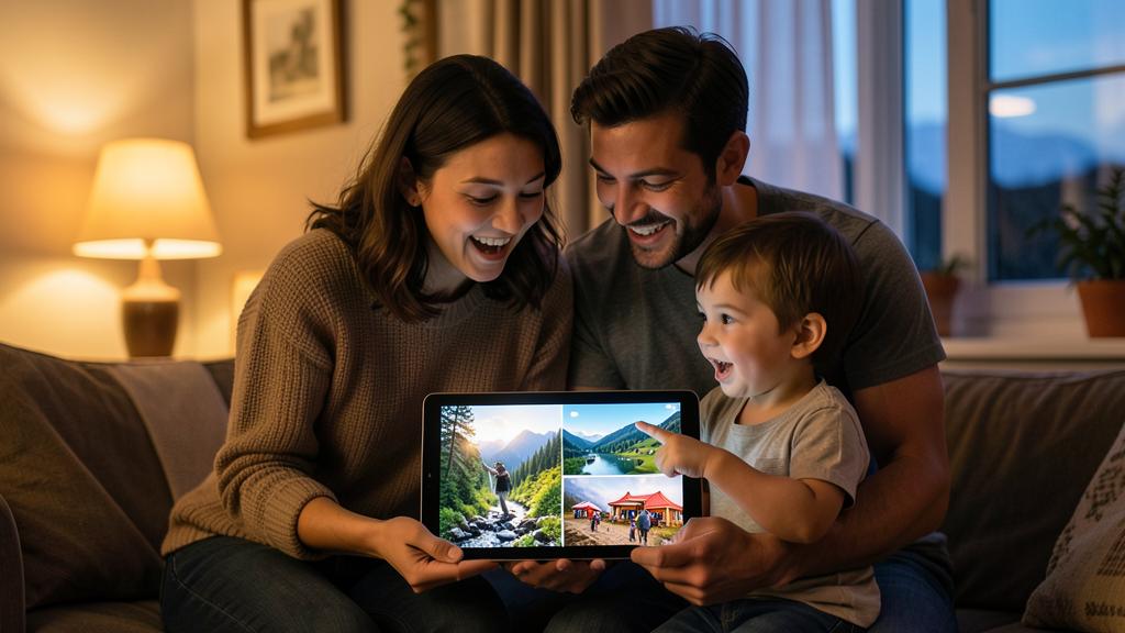 A family looks at a collage of outdoor adventure photos on a tablet.