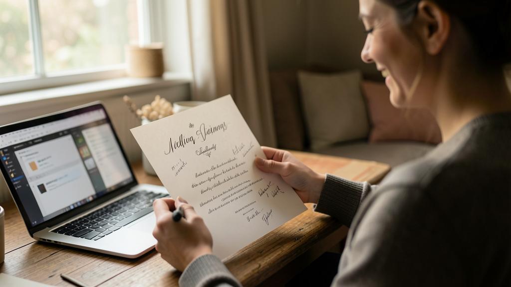 Une femme sourit en tenant un document formel avec une écriture cursive et des signatures, écrivant avec un stylo, un ordinateur portable ouvert à côté.