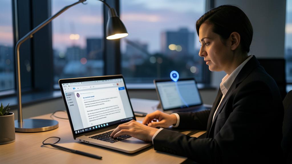 Une femme en costume d'affaires tape sur un ordinateur portable, avec un deuxième ordinateur et une lampe de bureau, devant un paysage urbain au crépuscule.