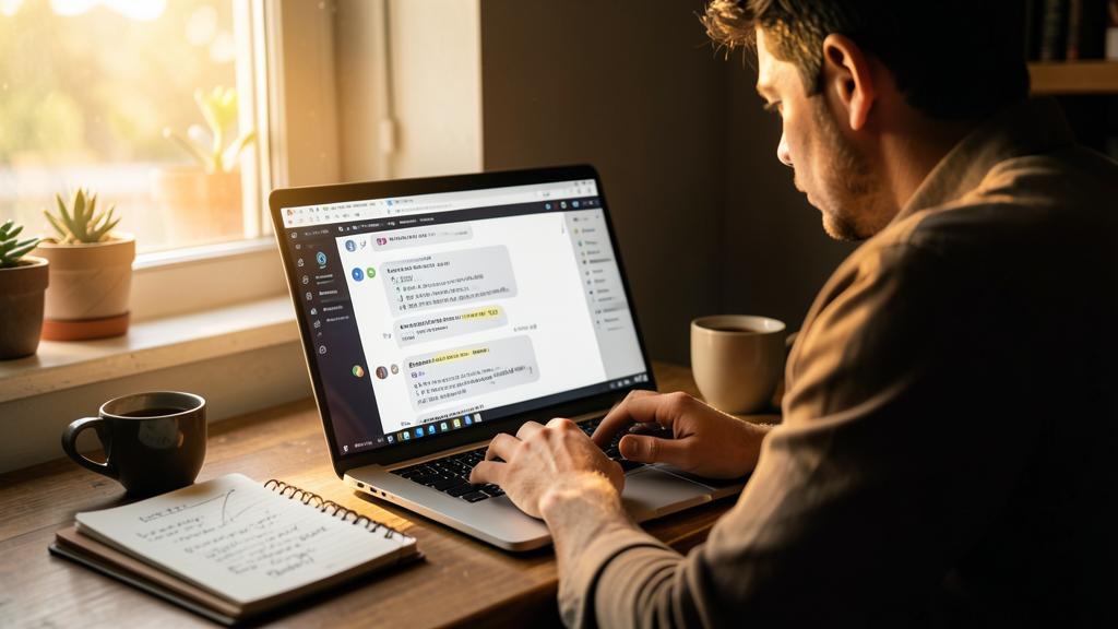 Un homme travaille sur un ordinateur portable avec une interface de chat IA ouverte, un carnet et une tasse de café.