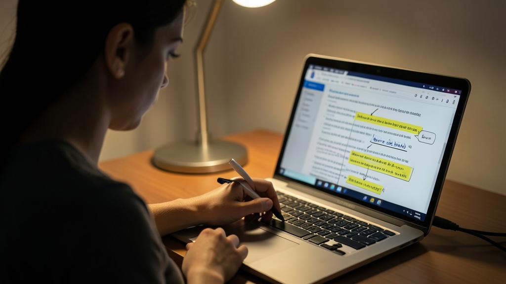 A person uses a stylus to annotate a PDF document on a laptop.