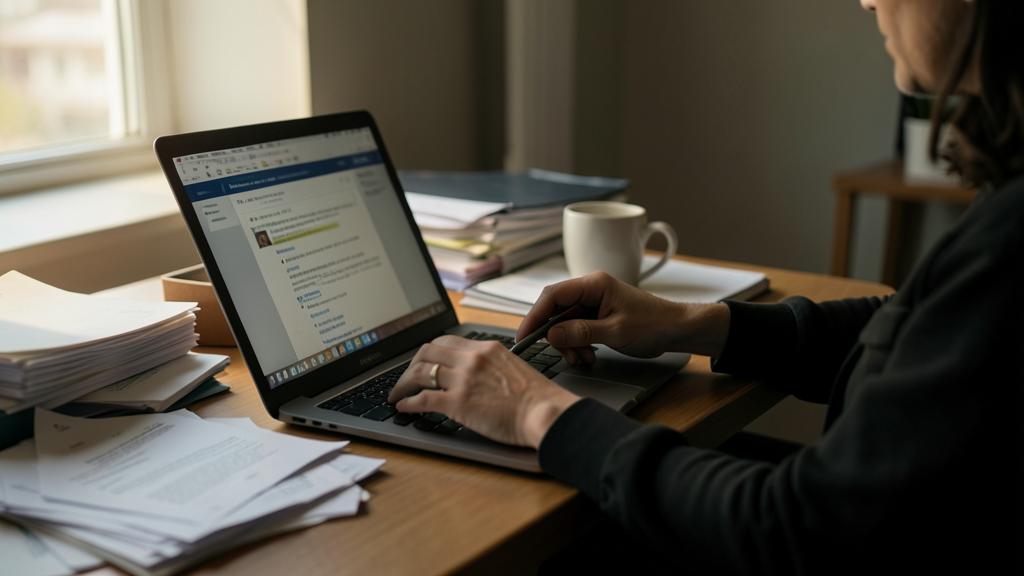 Eine Person arbeitet an einem Laptop mit einer E-Mail-Oberfläche auf dem Bildschirm, umgeben von Papieren und einer Kaffeetasse.