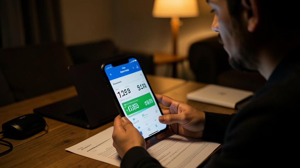 Una persona usa un smartphone para verificar su velocidad de internet, sentada en un escritorio con una computadora portátil y documentos.