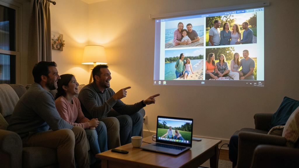 A family laughs while watching a slideshow of photos projected on a wall.
