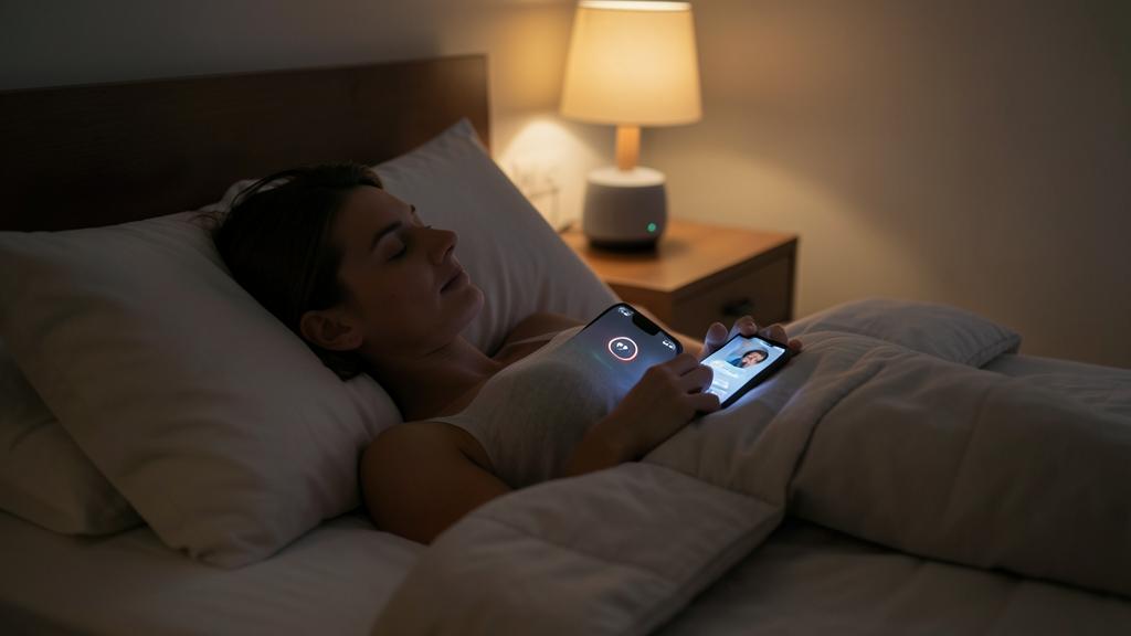 Una mujer usa su smartphone con una app de seguimiento del sueño, una lámpara inteligente ilumina la mesita de noche.
