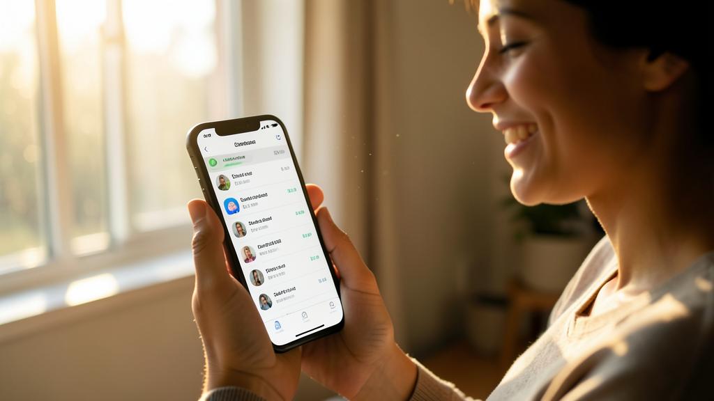 Une femme sourit en tenant un smartphone affichant une liste de contacts avec des noms et des photos de profil.