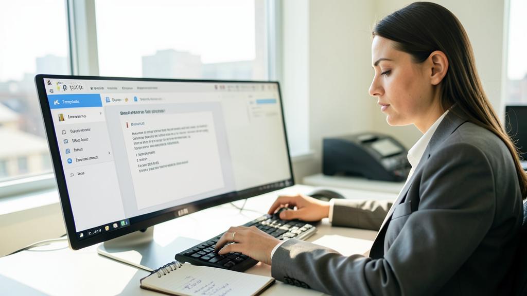 Una mujer con traje de negocios escribe en un ordenador que muestra un software de plantillas de correo.