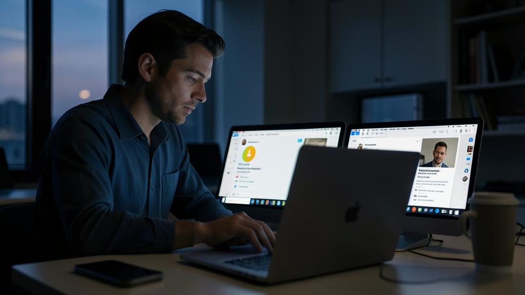 Un homme travaille à un bureau avec un ordinateur portable et deux écrans affichant des profils de réseaux sociaux.