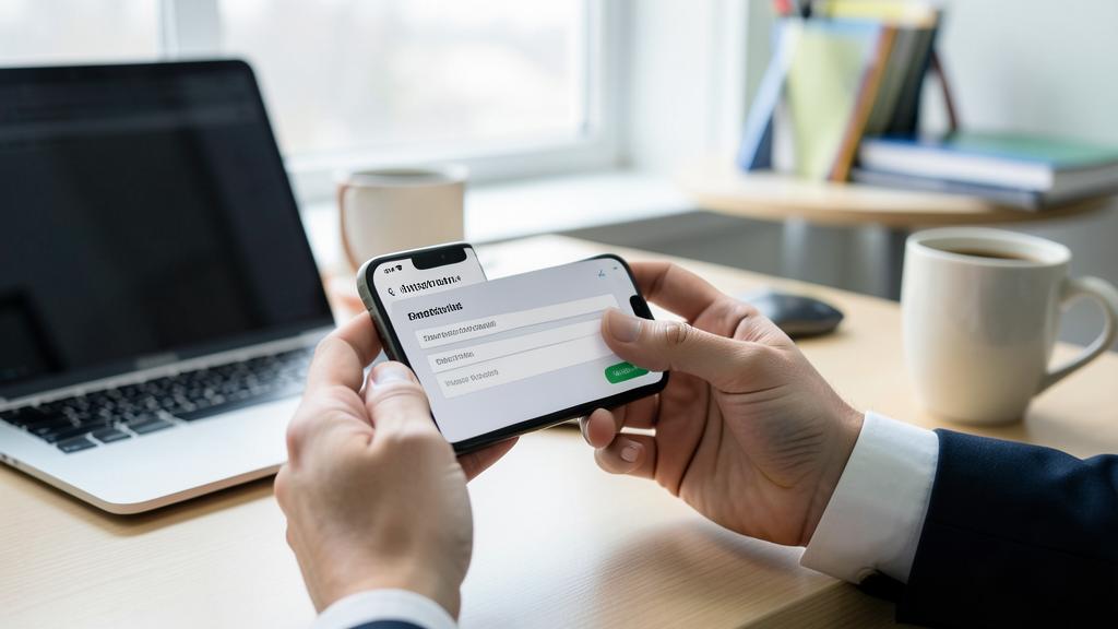 Una persona con traje sostiene un smartphone mostrando un formulario de contacto, con una computadora portátil y una taza de café al fondo.