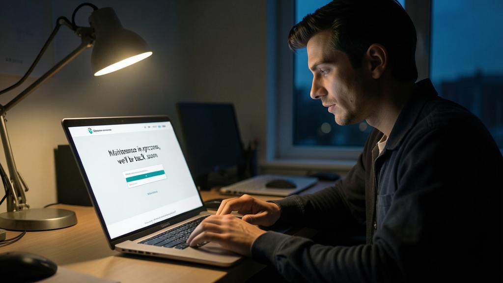 Ein Mann nutzt einen Laptop, der eine Wartungsmeldung anzeigt.