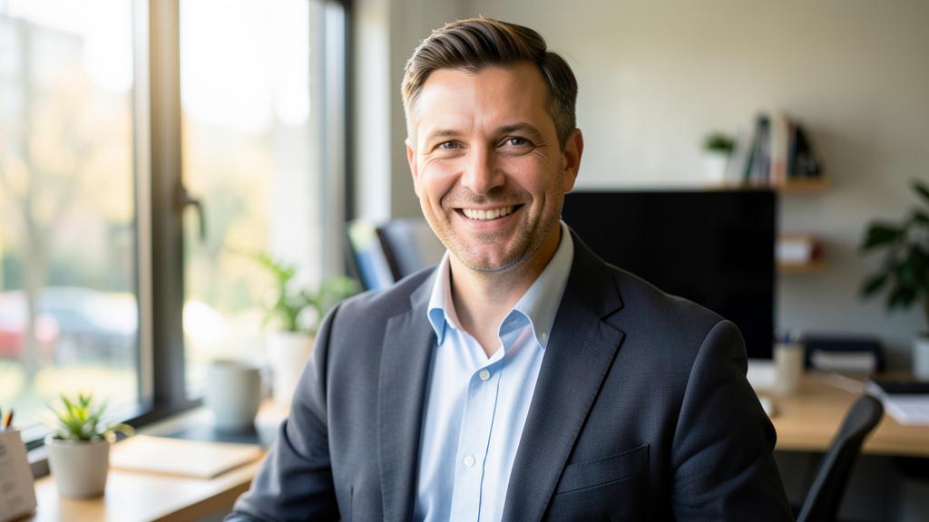 A man in a suit smiles at the camera while sitting at an office desk.