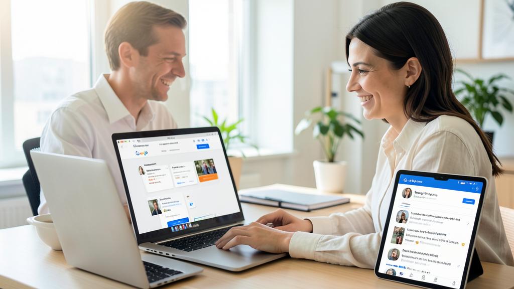 Un homme et une femme sourient en travaillant sur des ordinateurs et une tablette affichant des avis Google.