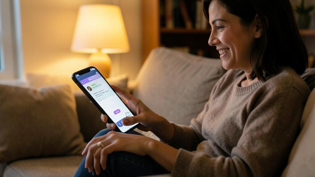 Eine Frau lächelt, während sie ein Smartphone mit einer Messaging-App und einer Kontakt-Schaltfläche nutzt.