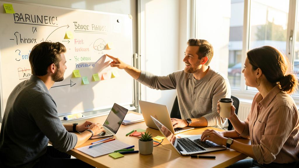 Three people collaborate around a whiteboard with brainstorming notes and laptops.