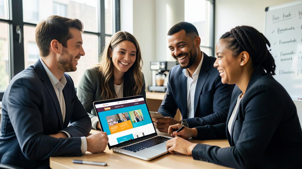Quatre professionnels discutent devant un ordinateur affichant un site de recrutement.