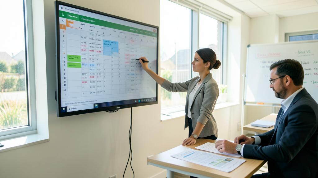 Une femme utilise un stylet sur un calendrier numérique, tandis qu'un homme observe.
