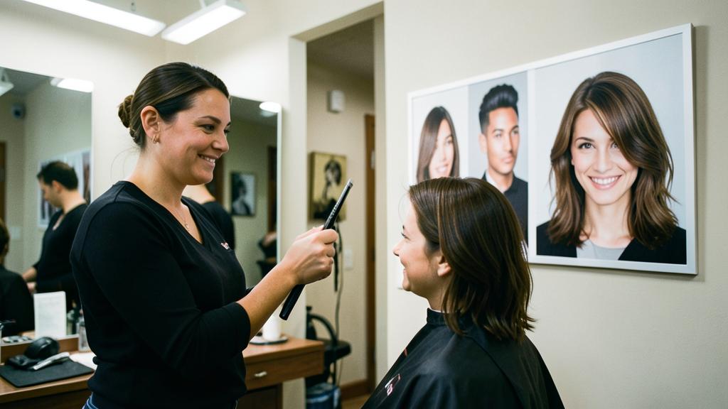 Eine Friseurin lächelt, während sie einer Kundin ein Foto einer fertigen Frisur zeigt, die Kundin schaut auf das Bild und lächelt.