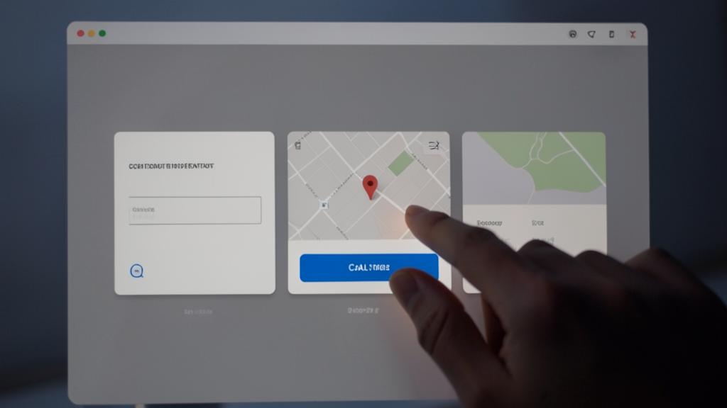 Eine Hand interagiert mit einem Karten-Widget auf einem Computerbildschirm, mit einem 'ANRUFEN'-Button sichtbar.