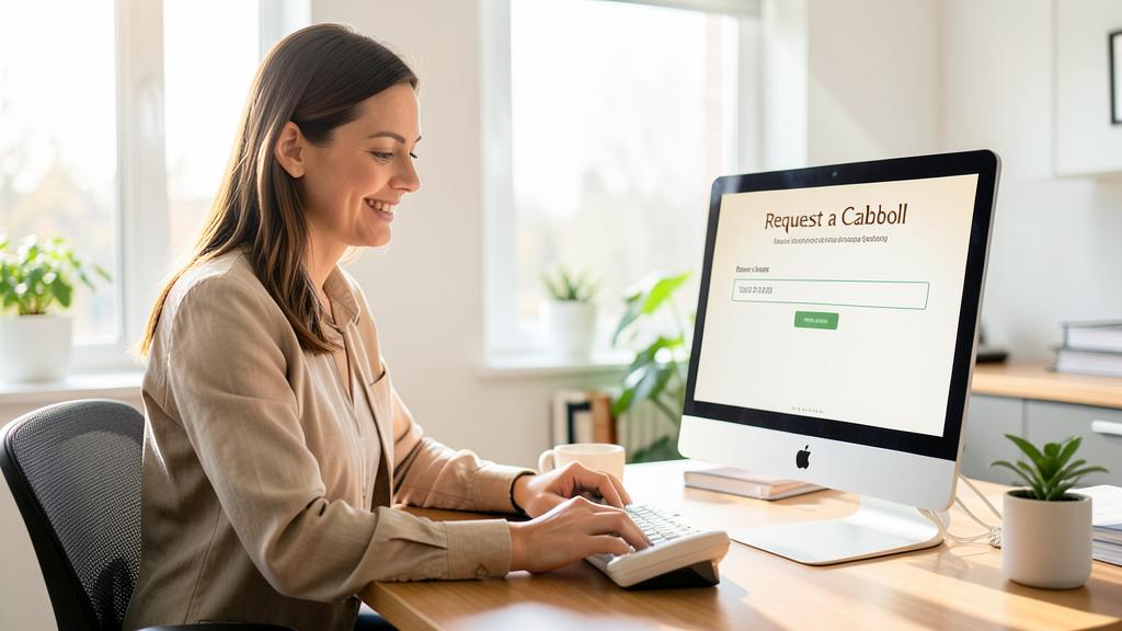 Eine Frau lächelt, während sie ein Formular 'Cabboll anfordern' auf einer Website ausfüllt.