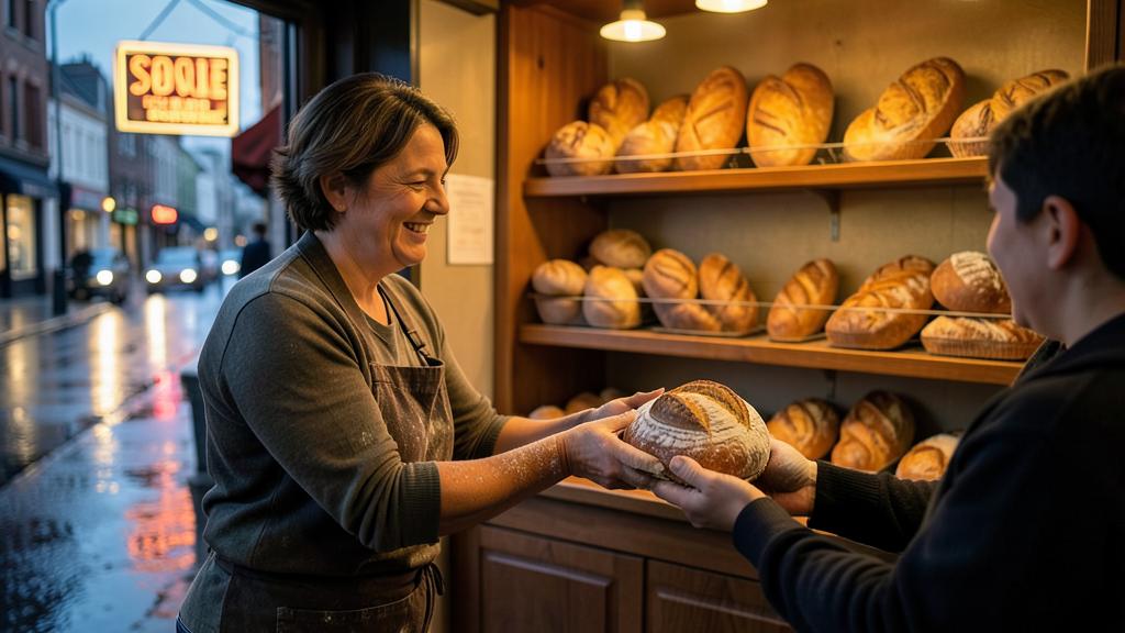 Eine Bäckerin in einer Schürze lächelt, während sie einem Kunden ein frisch gebackenes Brot reicht, mit Brotregalen im Hintergrund und einer nassen Straße draußen.