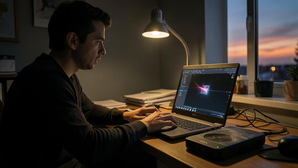 Un homme travaille sur un ordinateur portable dans une pièce faiblement éclairée, avec une lampe de bureau éclairant l'espace de travail.