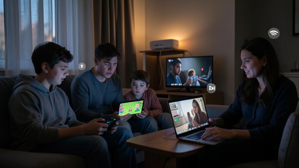 Eine Familie nutzt mehrere WLAN-verbundene Geräte in einem schwach beleuchteten Wohnzimmer.