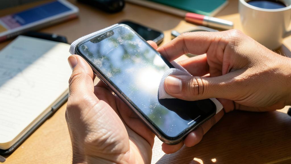 Una persona limpia la pantalla de un smartphone con un paño.