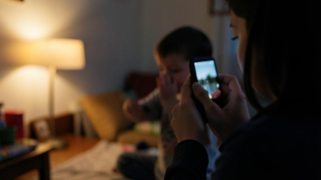 Eine Person macht ein unscharfes Foto von einem Kind in einem schwach beleuchteten Raum.