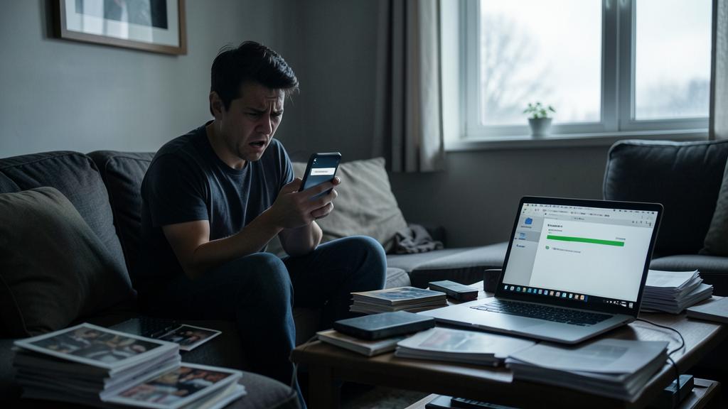 Ein Mann sitzt auf einem Sofa und wirkt gestresst, während er ein Smartphone hält, mit einem Laptop auf einem Couchtisch, der ein laufendes Software-Update anzeigt.