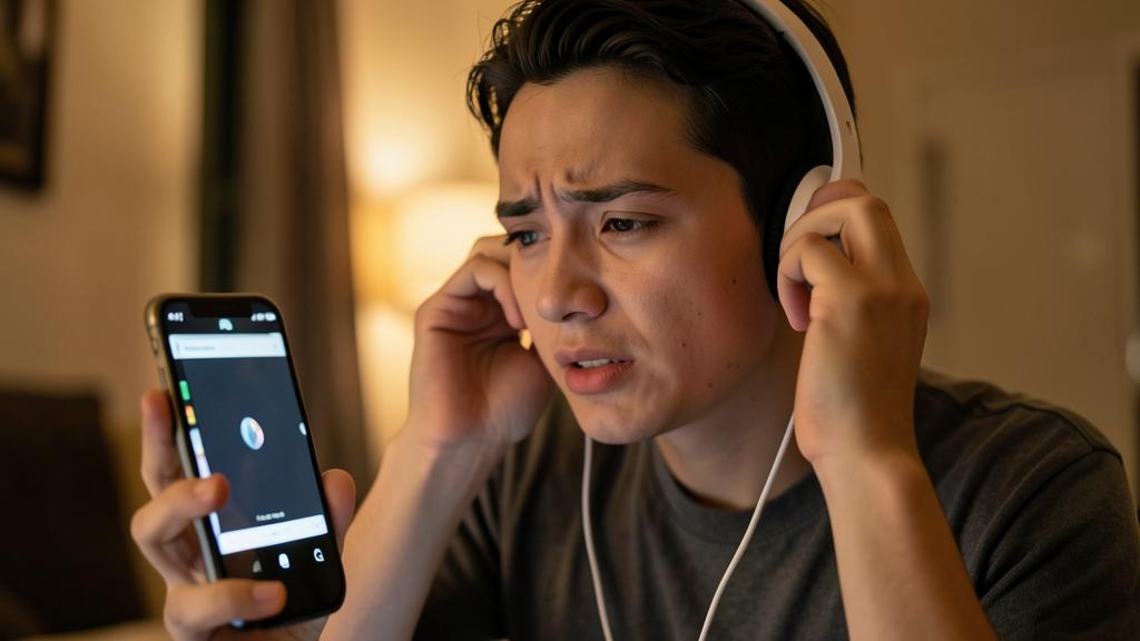 Un joven con auriculares parece frustrado mientras sostiene un smartphone.