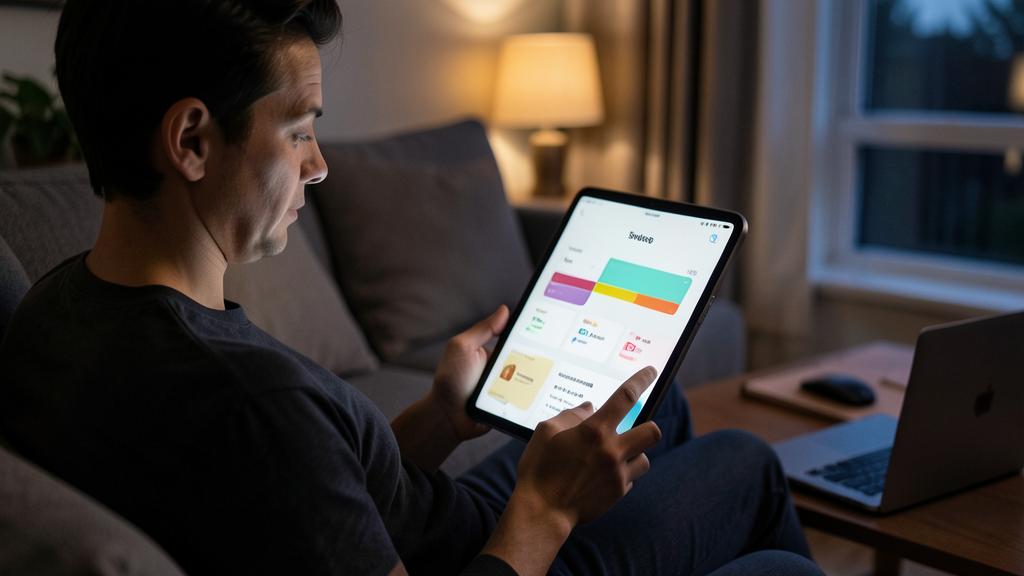 Un homme utilise une tablette pour consulter une application de gestion financière.