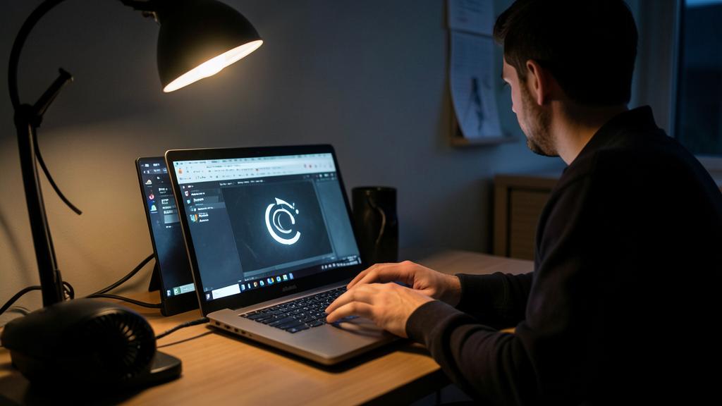 Ein Mann arbeitet an einem Laptop in einem schwach beleuchteten Raum, der Bildschirm zeigt einen Browser mit einem Lade-Symbol.