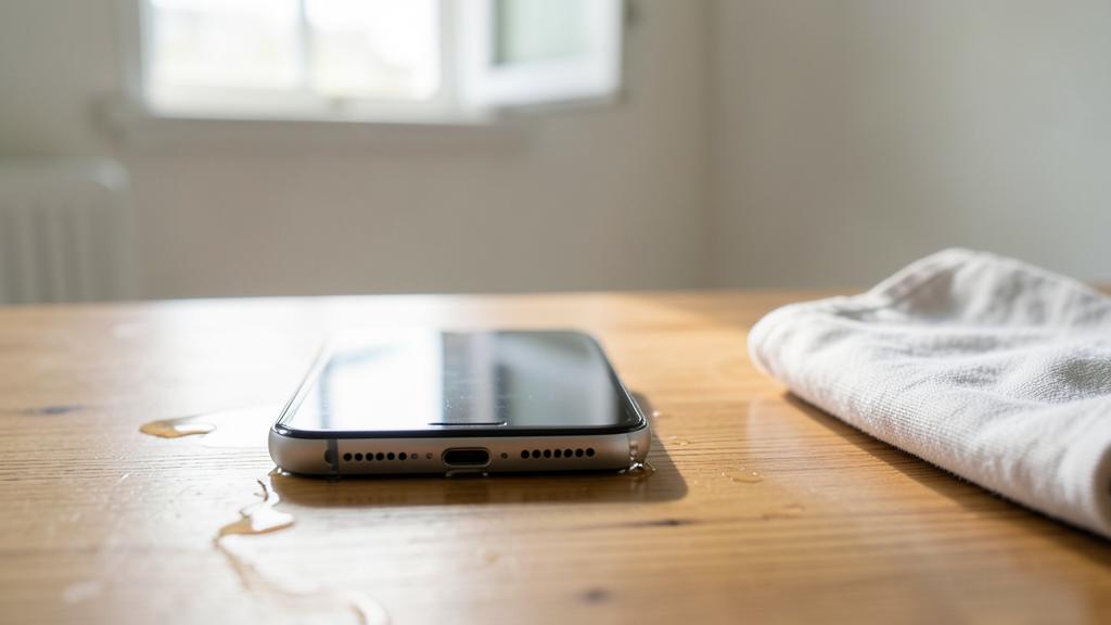 Ein Smartphone liegt auf einem Holztisch mit Wassertropfen darum.