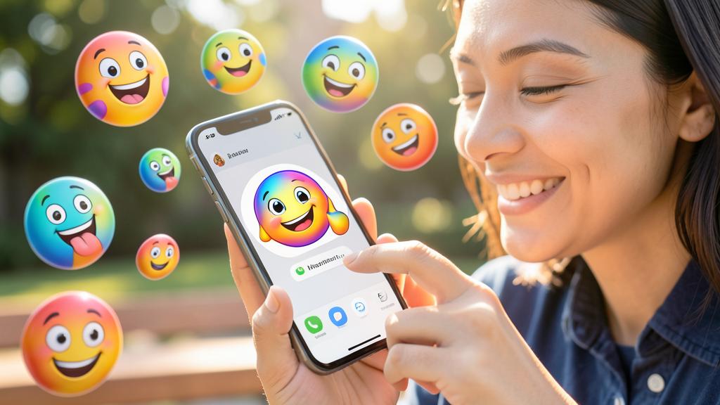 Une femme sourit en utilisant un smartphone affichant un Memoji dans une application de messagerie, entourée d'Emoji Memoji colorés.