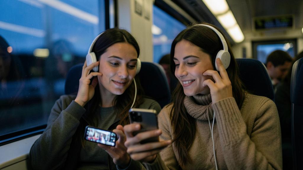 Deux femmes dans un train partagent l'audio d'un smartphone avec des écouteurs sans fil blancs.