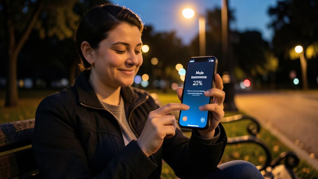 Une femme regarde son iPhone affichant le mode économie d'énergie avec 20 % de batterie restante.