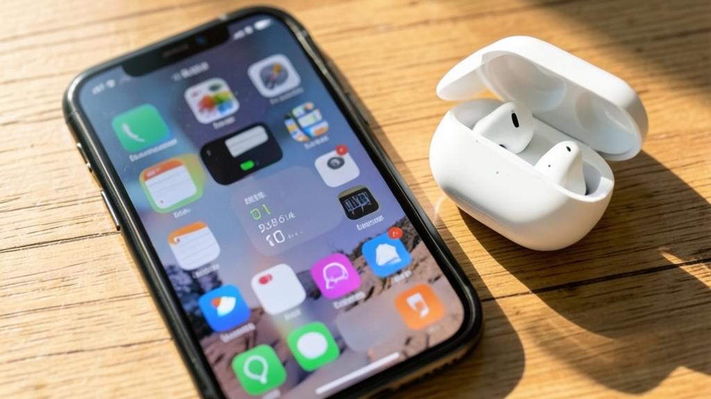 Un iPhone affiche son écran d'accueil à côté d'un étui AirPods blanc avec les écouteurs à l'intérieur, sur une surface en bois.